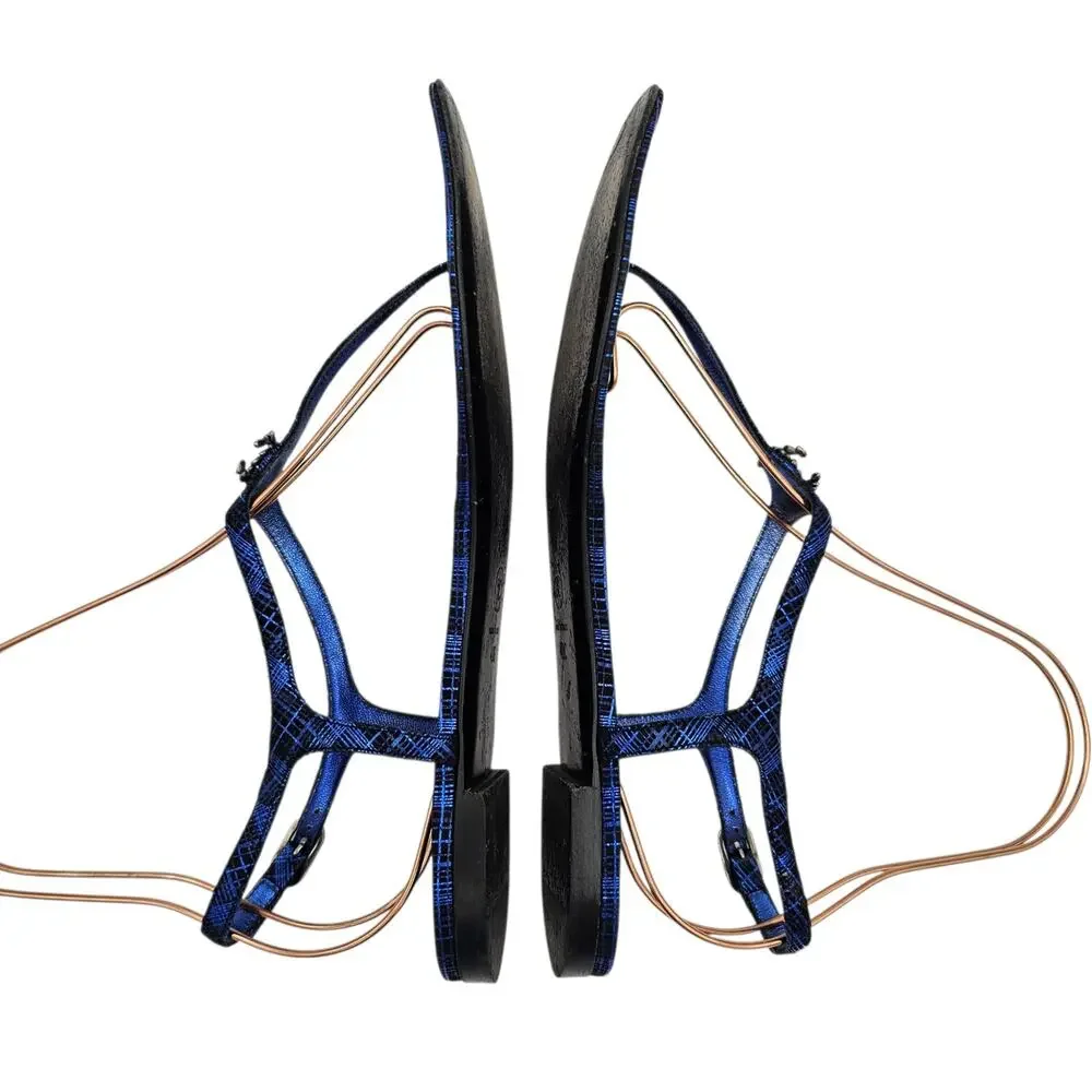 Chanel CC Flat Thong T Strap Sandal Blue Leather Black Silver Size 40 C US 9 9.5